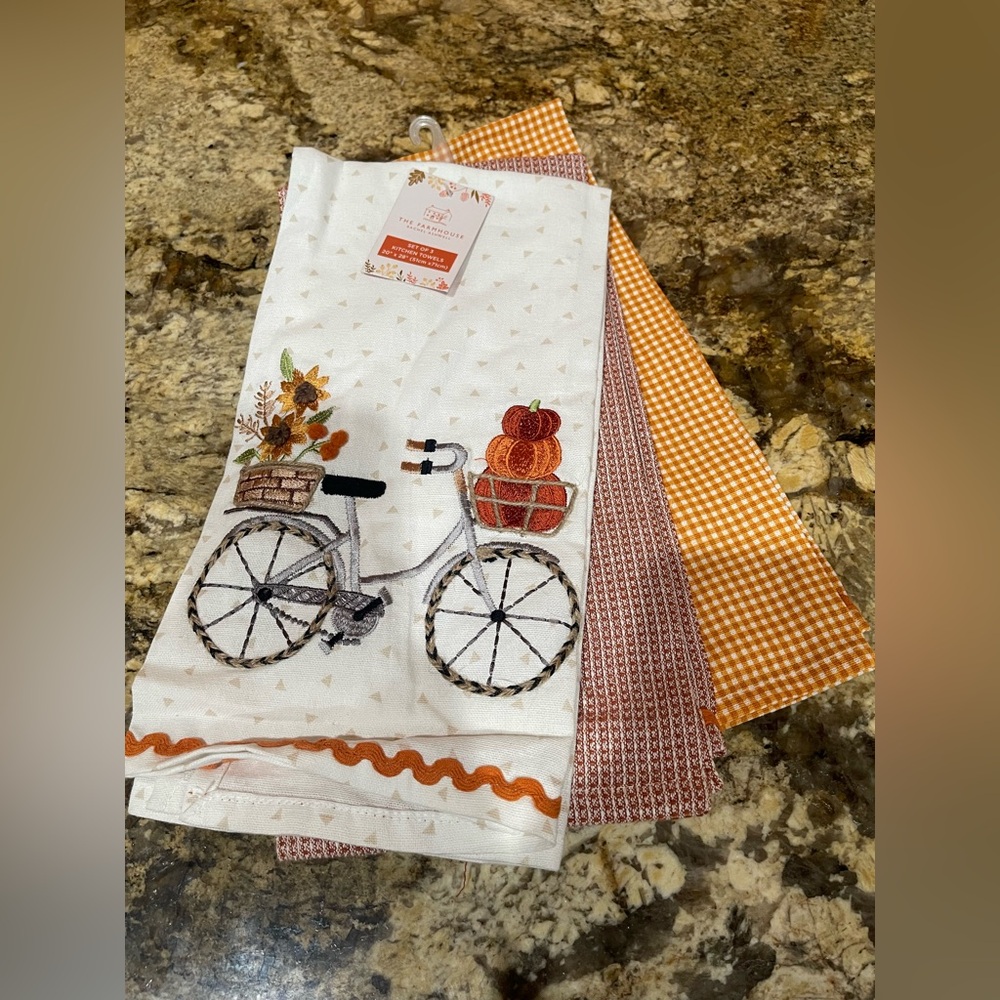 The Farnhouse Fall embroidered  Kitchen towel trio -bicycle, pumpkins  - NEW!
